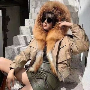 Red Fox Fur Parka Cropped Hooded Jacket